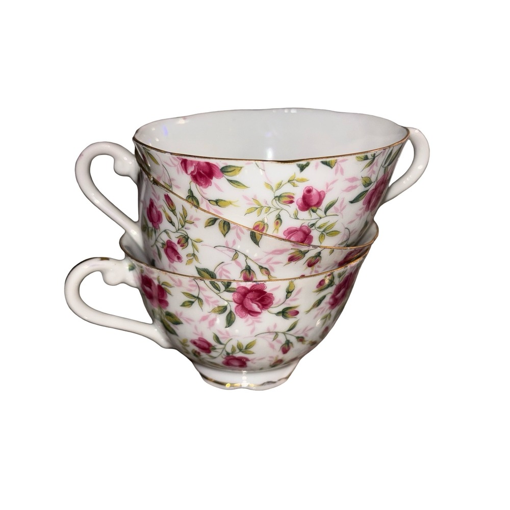 Vintage Lefton China Teacups Set of 3 Pink Rose Floral Gold 537 Hand Painted